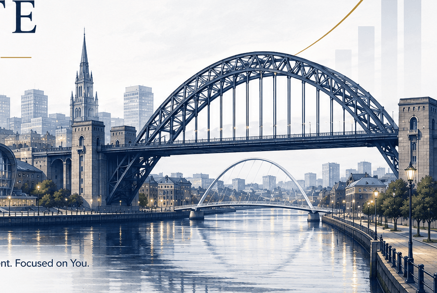 Newcastle riverside and bridge, reflecting Clear Route's North East roots
